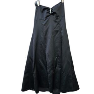 David's Bridal Black Satiny Mid Calf Dress Rhinestone Accent Neck Strap Size 12